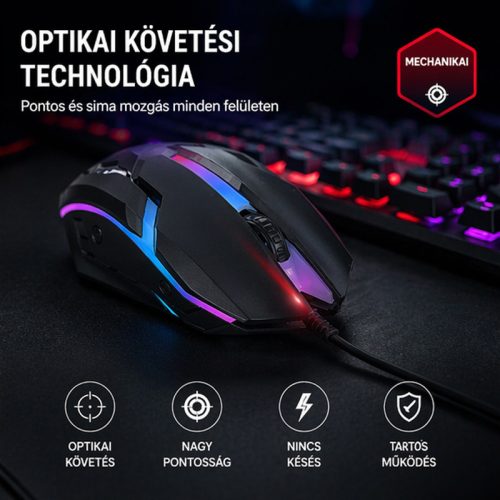 X-start vezetékes gamer egér RGB világítással – optikai USB egér, 1,5 m kábel, ergonomikus kialakítás