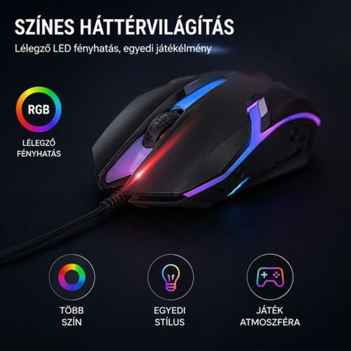 X-start vezetékes gamer egér RGB világítással – optikai USB egér, 1,5 m kábel, ergonomikus kialakítás
