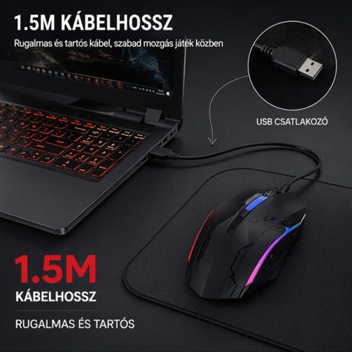 X-start vezetékes gamer egér RGB világítással – optikai USB egér, 1,5 m kábel, ergonomikus kialakítás