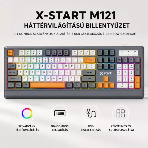 X-start M121 vezetékes billentyűzet RGB szivárvány háttérvilágítással – 104 gombos USB keyboard