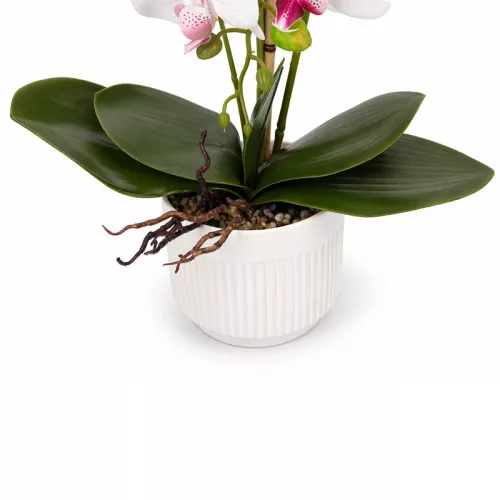Mű orchidea csokor cserépben 60 cm – 3 szálas fehér-rózsaszín dekor virág