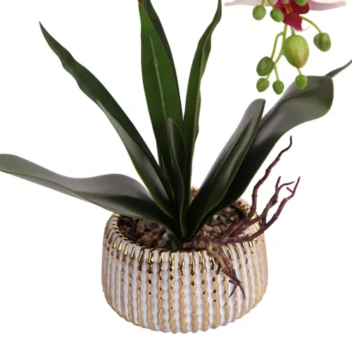 Elegáns rózsaszín-fehér orchidea kerámiakaspóban – 1 szálas, 3 virágfüzéres művirág dekoráció  50 cm