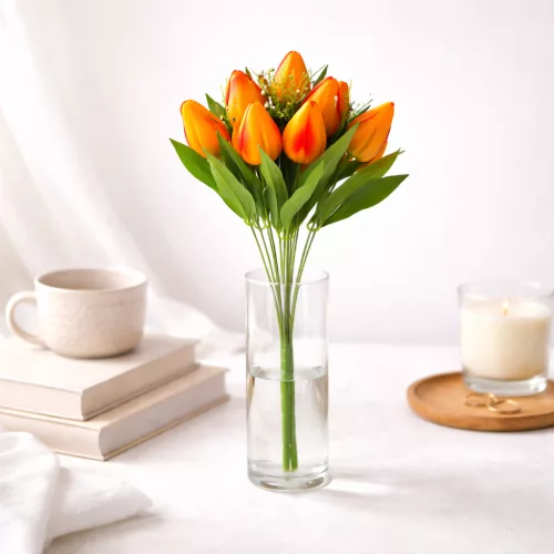 Prémium mesterséges tulipán virágcsokor 45 cm – 10 szálas narancs tulipán dekorációs művirág csokor