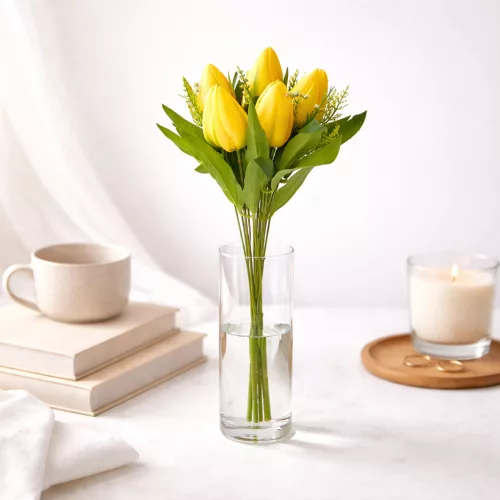 Prémium mesterséges tulipán virágcsokor 45 cm – 10 szálas citromsárga tulipán dekorációs művirág csokor