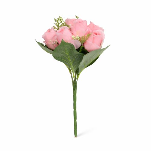 40 cm-es 9 Fejes Rózsaszín Selyem Rózsacsokor – Prémium Művirág Dekoráció Otthonra és Esküvőre