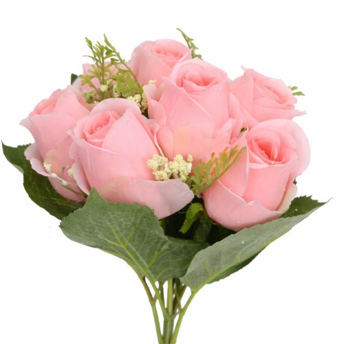 40 cm-es 9 Fejes Rózsaszín Selyem Rózsacsokor – Prémium Művirág Dekoráció Otthonra és Esküvőre