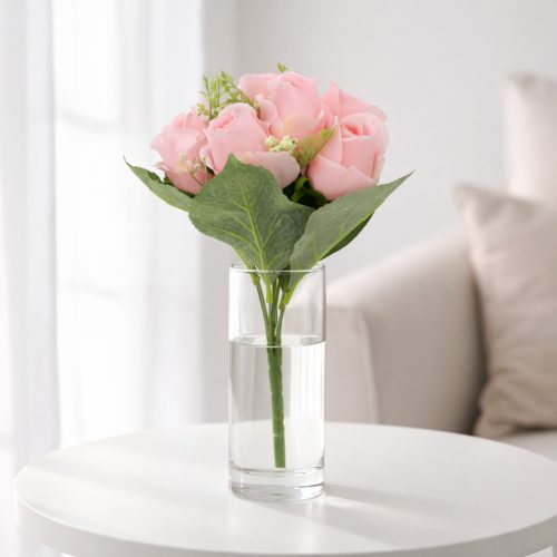 40 cm-es 9 Fejes Rózsaszín Selyem Rózsacsokor – Prémium Művirág Dekoráció Otthonra és Esküvőre