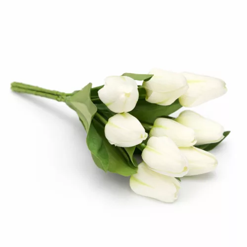 Prémium mesterséges tulipán virágcsokor 35 cm – 9 szálas fehér tulipán dekorációs művirág csokor