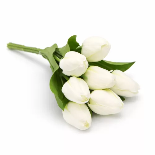 Prémium mesterséges tulipán virágcsokor 35 cm – 9 szálas fehér tulipán dekorációs művirág csokor