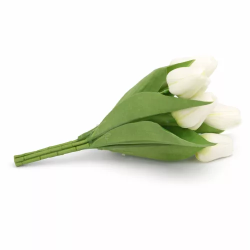 Prémium mesterséges tulipán virágcsokor 35 cm – 9 szálas fehér tulipán dekorációs művirág csokor
