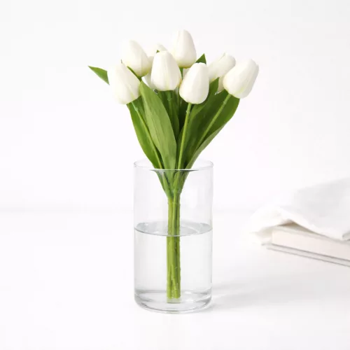 Prémium mesterséges tulipán virágcsokor 35 cm – 9 szálas fehér tulipán dekorációs művirág csokor