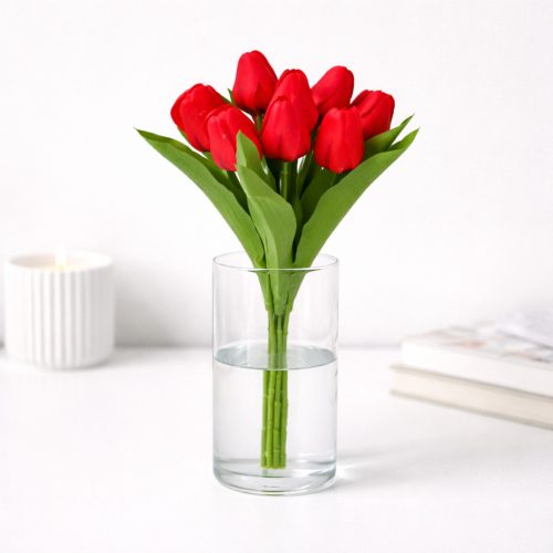 Prémium mesterséges tulipán virágcsokor 35 cm – 9 szálas piros tulipán dekorációs művirág csokor