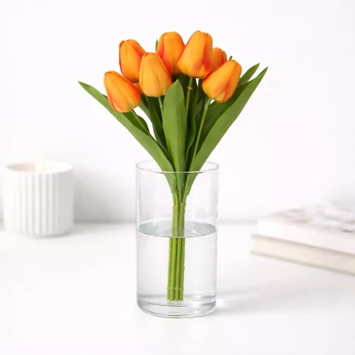 Prémium mesterséges tulipán virágcsokor 35 cm – 9 szálas narancs tulipán dekorációs művirág csokor