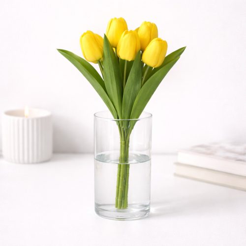 Prémium mesterséges tulipán virágcsokor 35 cm – 9 szálas citromsárga tulipán dekorációs művirág csokor