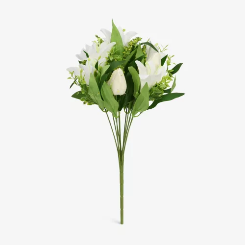 Prémium 40 cm-es fehér / krémfehér vegyes művirág csokor – 12 szálas elegáns liliom és tulipán dekor
