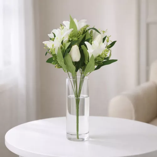 Prémium 40 cm-es fehér / krémfehér vegyes művirág csokor – 12 szálas elegáns liliom és tulipán dekor