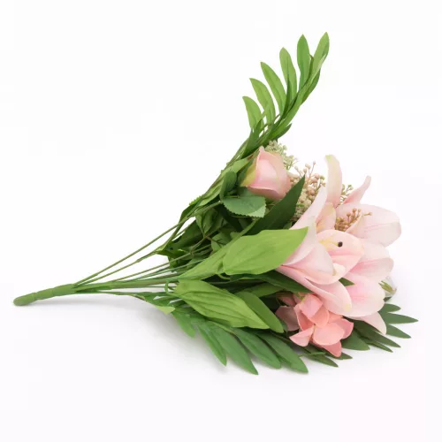 Prémium mesterséges liliom–rózsa virágcsokor 55 cm – 10 szálas rózsaszín dekorációs művirág csokor