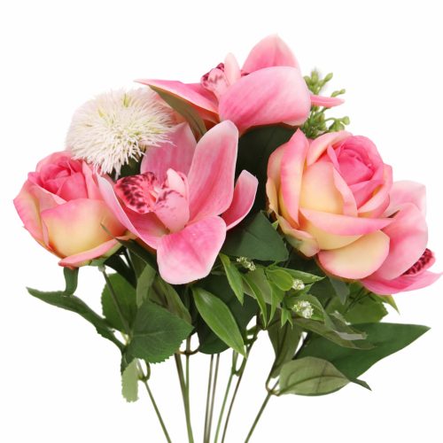 Prémium mesterséges vegyes virágcsokor 50 cm – 10 szálas rózsa és liliom dekorációs művirág csokor pink–fehér színben