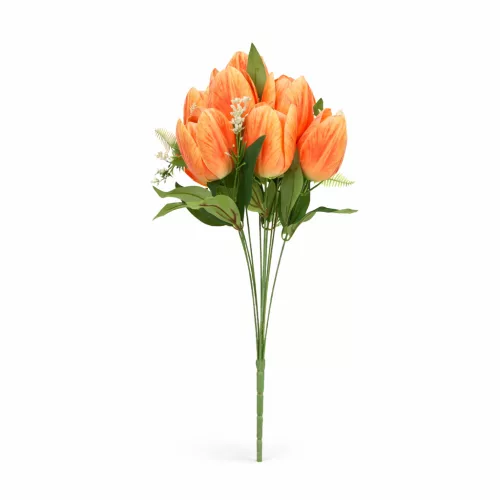 1. Terméknév: 50 cm-es 10 Szálas Narancs-Sárga Selyem Tulipán Csokor – Élethű Művirág Dekoráció Otthonra és Rendezvényre