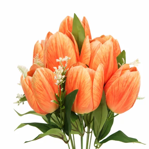 1. Terméknév: 50 cm-es 10 Szálas Narancs-Sárga Selyem Tulipán Csokor – Élethű Művirág Dekoráció Otthonra és Rendezvényre