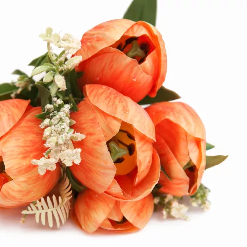 1. Terméknév: 50 cm-es 10 Szálas Narancs-Sárga Selyem Tulipán Csokor – Élethű Művirág Dekoráció Otthonra és Rendezvényre
