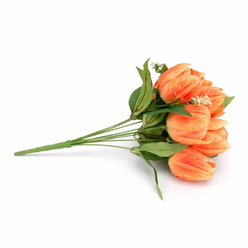 1. Terméknév: 50 cm-es 10 Szálas Narancs-Sárga Selyem Tulipán Csokor – Élethű Művirág Dekoráció Otthonra és Rendezvényre