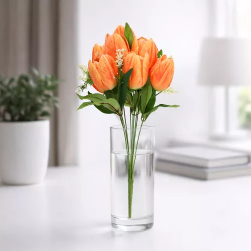 1. Terméknév: 50 cm-es 10 Szálas Narancs-Sárga Selyem Tulipán Csokor – Élethű Művirág Dekoráció Otthonra és Rendezvényre