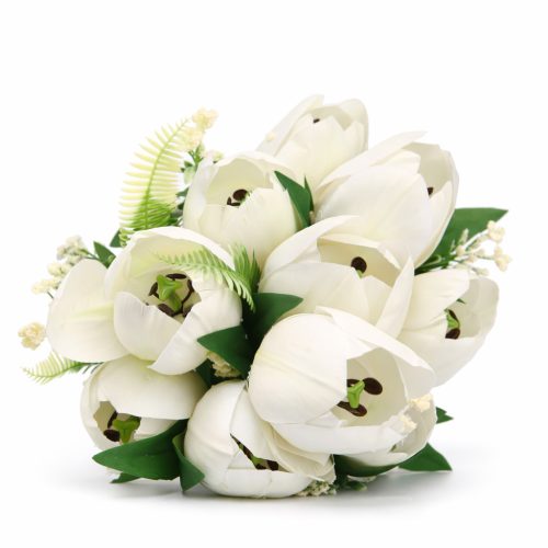 50 cm-es 10 Szálas Fehér Selyem Tulipán Csokor – Elegáns Művirág Dekoráció Otthonra és Esküvőre