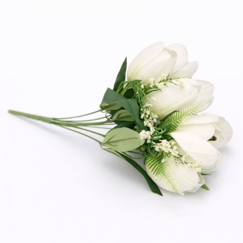 50 cm-es 10 Szálas Fehér Selyem Tulipán Csokor – Elegáns Művirág Dekoráció Otthonra és Esküvőre