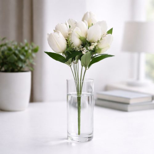 50 cm-es 10 Szálas Fehér Selyem Tulipán Csokor – Elegáns Művirág Dekoráció Otthonra és Esküvőre