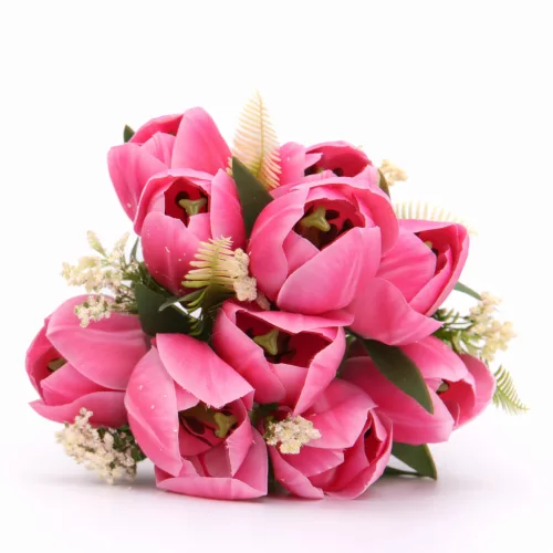 50 cm-es 10 Szálas Pink Selyem Tulipán Csokor – Élénk Művirág Dekoráció Otthonra és Rendezvényre