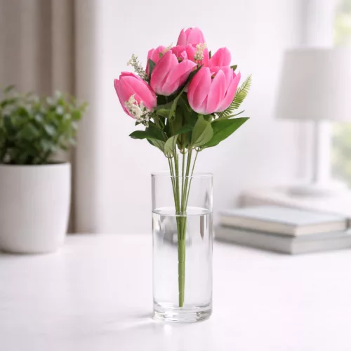 50 cm-es 10 Szálas Pink Selyem Tulipán Csokor – Élénk Művirág Dekoráció Otthonra és Rendezvényre