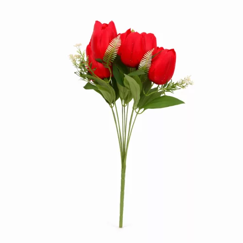 50 cm-es 10 Szálas Piros Selyem Tulipán Csokor – Elegáns Művirág Dekoráció Otthonra és Esküvőre