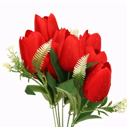 50 cm-es 10 Szálas Piros Selyem Tulipán Csokor – Elegáns Művirág Dekoráció Otthonra és Esküvőre