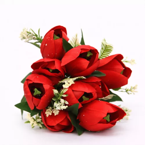 50 cm-es 10 Szálas Piros Selyem Tulipán Csokor – Elegáns Művirág Dekoráció Otthonra és Esküvőre