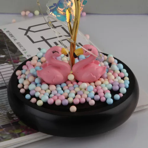 Mesterséges Rózsa fém, Üvegbúrában - Ledes - 20 cm - Fényes arany, Flamingó párral