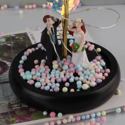 Mesterséges Rózsa fém, Üvegbúrában - Ledes - 20 cm - Fényes arany, Menyasszony és Vőlegény