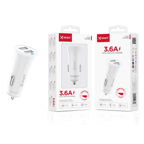 X-start autós USB töltő 3.6A – dupla USB portos gyorstöltő, fehér (Model CC056)