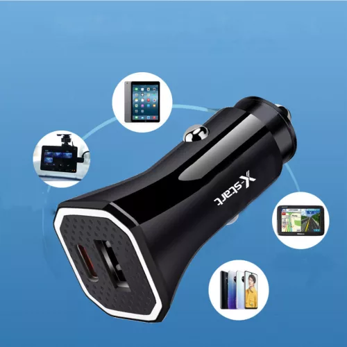 Terméknév: X-start autós gyorstöltő 38W – USB-A + USB-C PD gyorstöltés, fekete (Model CC116)
