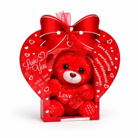   Kismackó „I Love You” szívvel – piros plüss maci 10 cm, szíves dekor csomagolásban