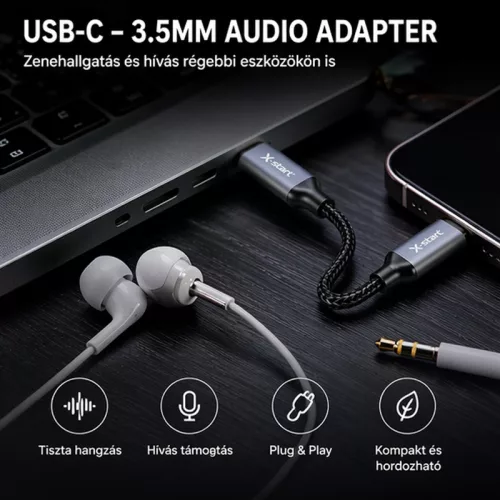 X-start USB-C – 3,5 mm jack audio adapter kábel – 14 cm, DAC chip, fejhallgató átalakító
