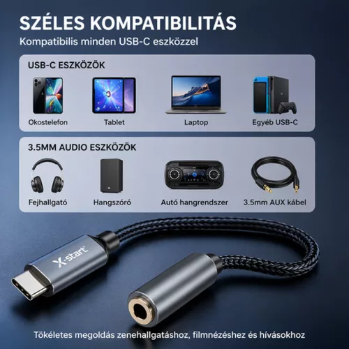 X-start USB-C – 3,5 mm jack audio adapter kábel – 14 cm, DAC chip, fejhallgató átalakító