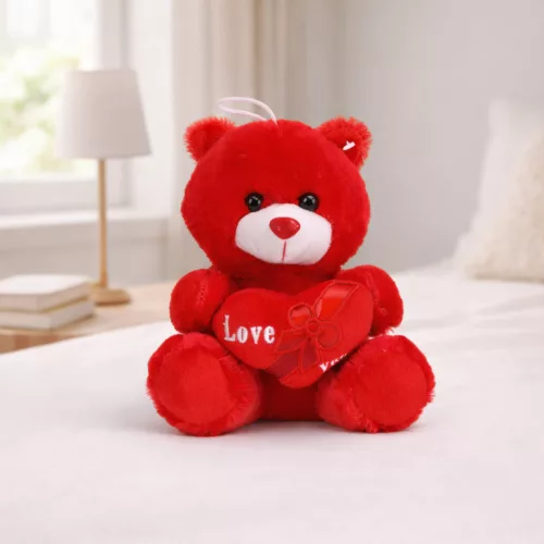 Plüss maci „Love” szívvel és masnival – piros plüss játék 21 cm, romantikus ajándék