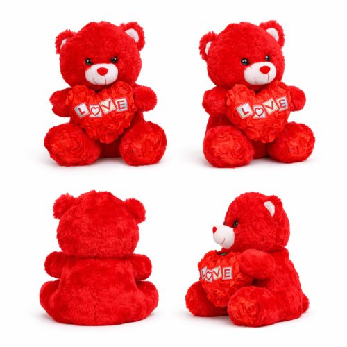 Plüss maci rózsás „LOVE” szívvel – piros plüss játék 30 cm, romantikus ajándék