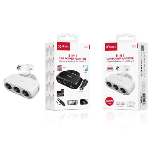 X-start 5 az 1-ben autós elosztó adapter – 3 szivargyújtó aljzat + 2 USB port, 120W, fekete / fehér (Model A63)
