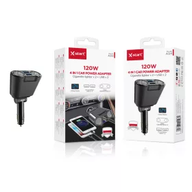   X-start 4 az 1-ben autós szivargyújtó elosztó és USB töltő – 120W, 2× szivargyújtó + 2× USB, feszültség kijelző