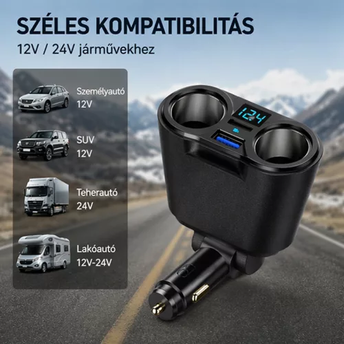 X-start 4 az 1-ben autós szivargyújtó elosztó és USB töltő – 120W, 2× szivargyújtó + 2× USB, feszültség kijelző