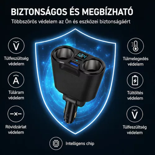 X-start 4 az 1-ben autós szivargyújtó elosztó és USB töltő – 120W, 2× szivargyújtó + 2× USB, feszültség kijelző