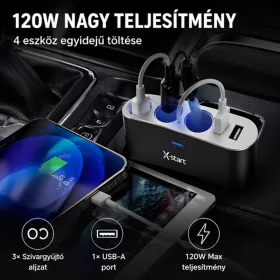   X-start 4 az 1-ben autós szivargyújtó elosztó USB porttal – 120W, 3× aljzat + 1× USB, LED világítás