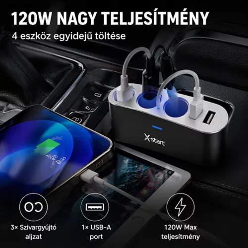 X-start 4 az 1-ben autós szivargyújtó elosztó USB porttal – 120W, 3× aljzat + 1× USB, LED világítás